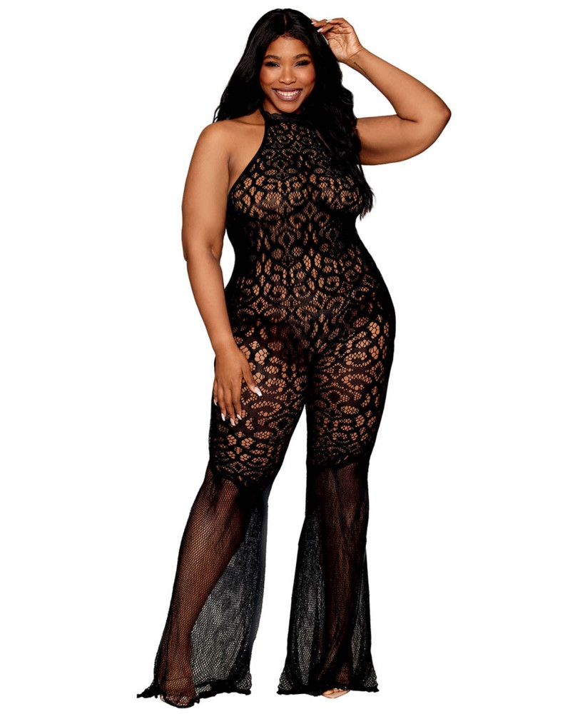 bodystocking en dentelle au crochet sans couture, grande taille, résille noire 
